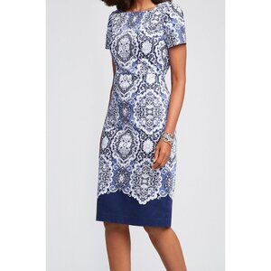 NWT Talbots Blue & White Paisley Print Sheath Dress 10P Petite Officecore Preppy